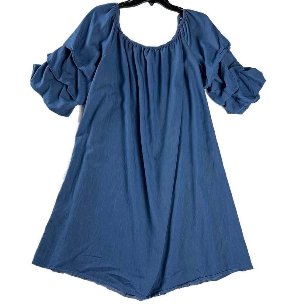 Love J Chambray Blue Puff Sleeve‎ Boho Swing Dress Square Neck Indie 3X